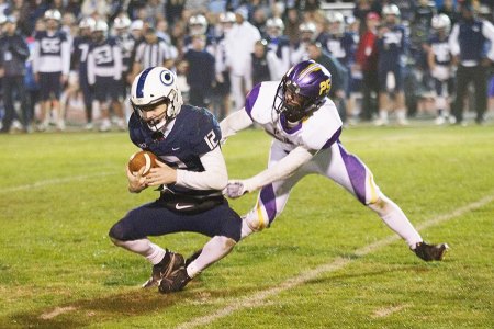 Lemoore's Daniel Rodrigues with a critical sack Friday night in Tiger Stadium.